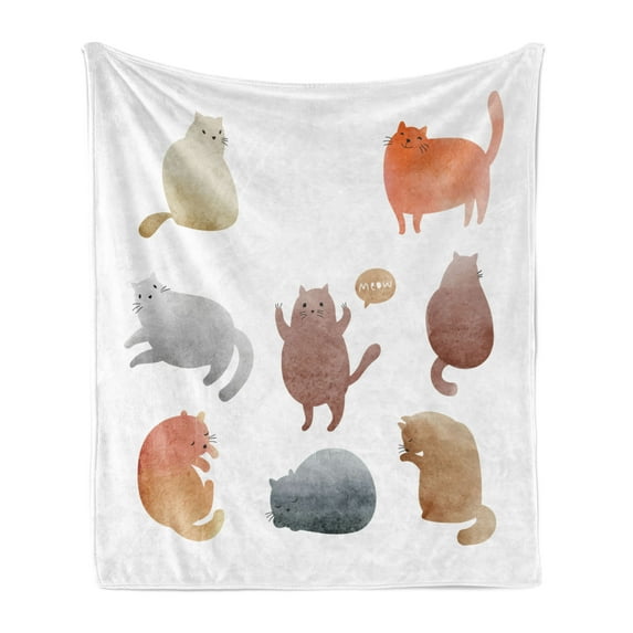 Cat Lover Soft Flannel Fleece Throw Blanket, Colorful Watercolor Sleeping Paw Licking Happy Playful and Content Cats Pets, Cozy Plush for Indoor and Outdoor Use, 70" x 90", Multicolor, by Ambesonne