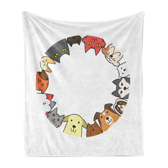 Cat Lover Soft Flannel Fleece Throw Blanket, Friendly Cats and Dogs Circle Together Happy Faces Illustration Cartoon Style, Cozy Plush for Indoor and Outdoor Use, 70" x 90", Multicolor, by Ambesonne