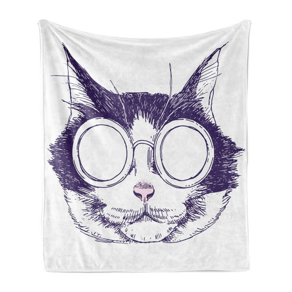 Cat Lover Soft Flannel Fleece Throw Blanket, Funny Cool Cat Head Portrait with Sunglasses Sketchy Illustration, Cozy Plush for Indoor and Outdoor Use, 60" x 80", Indigo Baby Pink, by Ambesonne