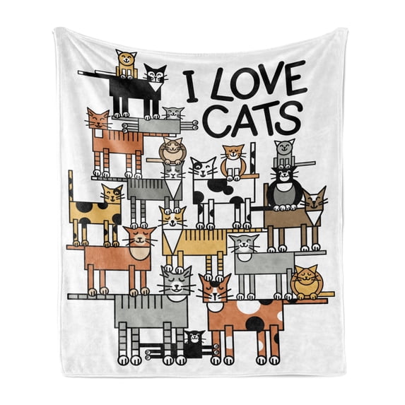 Cat Lover Soft Flannel Fleece Throw Blanket, I Love Cats Typography and Feline Friends Pattern on Plain Backdrop, Cozy Plush for Indoor and Outdoor Use, 70" x 90", White and Multicolor, by Ambesonne