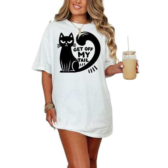 Cat Lover T-Shirt, Funny Get Off My Tail Shirt, Grumpy Cat Graphic Tee, Cute Cat Shirt for Pet Owners, Cat Attitude Shirt, White Comfort Colors T-Shirt, Small
