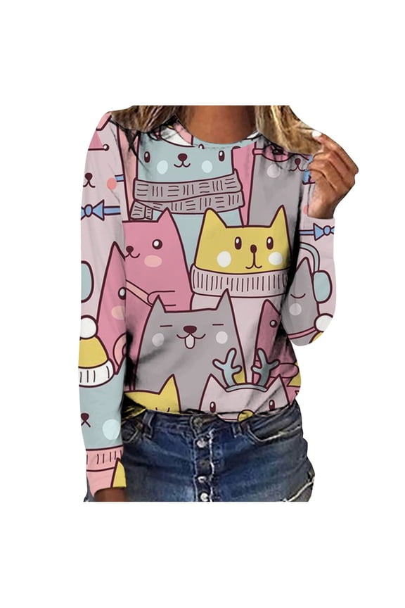 Cat Lover T-Shirt Women's Long Sleeve Tops Fashion Cute Cats Print Blouses Funny Graphic Crewneck Tees Junior Clothes