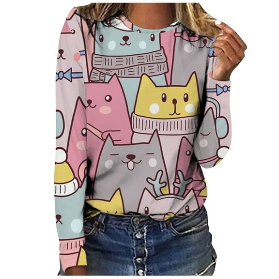 Cat Lover T-Shirt Women's Long Sleeve Tops Fashion Cute Cats Print Blouses Funny Graphic Crewneck Tees Junior Clothes