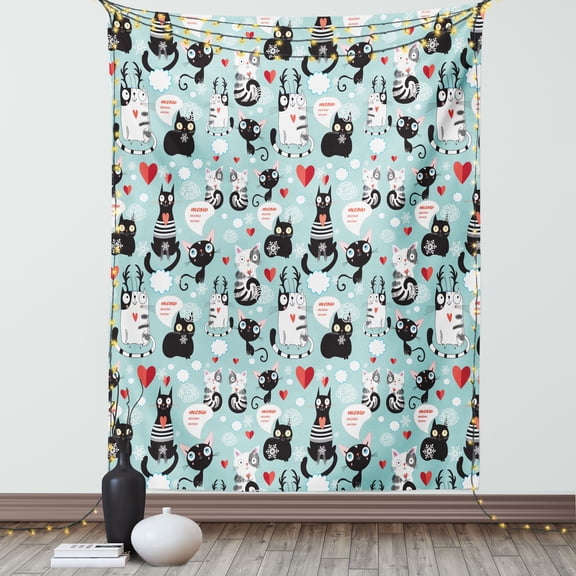 Cat Lover Tapestry, Black and White Cats in Love Meow Print among Hearts Daydreaming Kitties Cat Ears, Wall Hanging for Bedroom Living Room Dorm Decor, 60W X 80L Inches, Multicolor, by Ambesonne