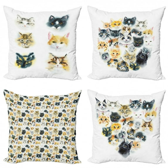 Ambesonne Cat Lover Throw Pillow Cover 4 Pack, Funny Kitty Portraits Art, 20", Grey Pale Orange and White