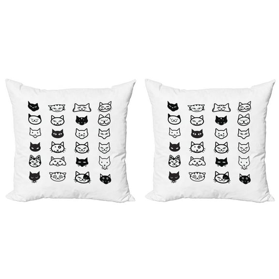 Ambesonne Cat Throw Pillow Cover 2 Pack, Monochrome Face Design, 18", Black White