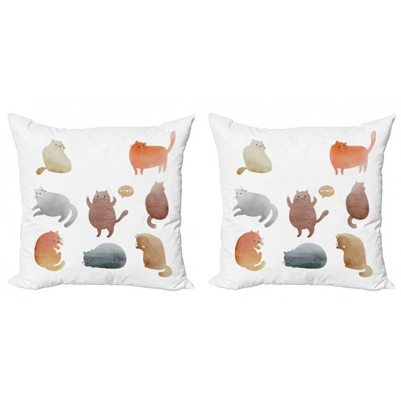 Ambesonne Cat Throw Pillow Cover 2 Pack, Watercolor Kitties Pet, 18", Multicolor