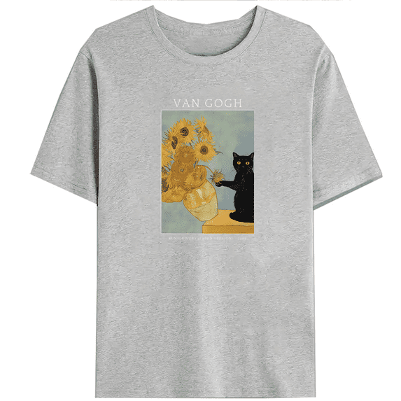 Cat Lover Tshirts Funny Black Cat & Artistic Van Gogh Sunflowers Graphic Tees Vintage Art Short Sleeve Shirts Casual Tops for Holiday Gray,M
