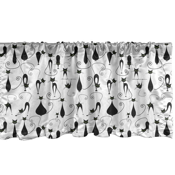 Cat Lover Window Valance Pack of 2, Funny Pets Swirling Tails Kitty Pussycat Characters Companion Doodle, Rod Pocket Curtain Valances Kitchen Bedroom, 2 Sizes, Black White, by Ambesonne