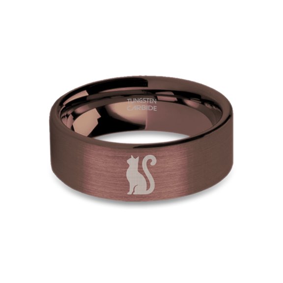 Cat Lover's Laser Engraved Brown Brushed Tungsten Carbide Ring, 8mm, Size 8
