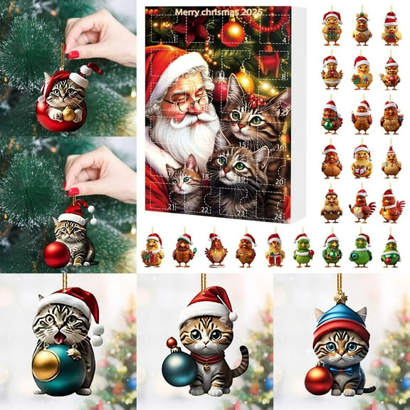 Cat Lovers Advent Calendars 2025 24 Day Cat Ornaments Christmas Countdown Calendar 2D Kitten Pendant Christmas Tree Decorations Cute Animal Kitten Figure Decor Acrylic Holiday Decor
