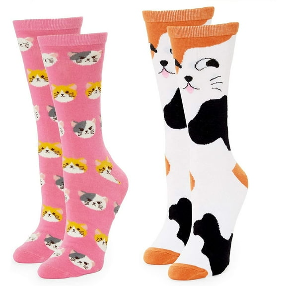 Cat Lovers Crew Socks for Women, Fun Gift Set (One Size, 2 Pairs)