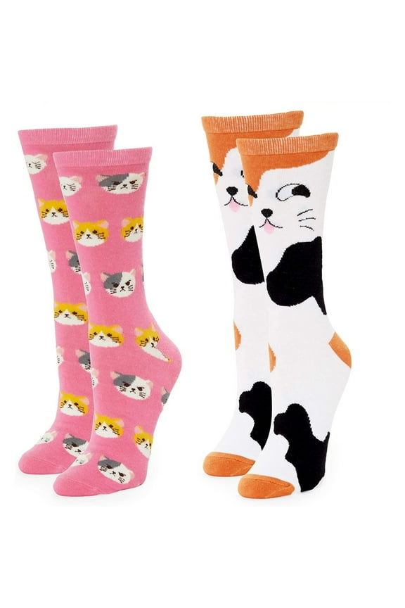 Cat Lovers Crew Socks for Women, Fun Gift Set (One Size, 2 Pairs)