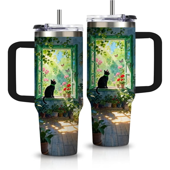 Cat Lovers Gifts 30oz Black Cat Tumbler with Handle and Straws, Stainless Steel Insulated Travel Mug, Leak-Proof Cup Plant Cats Gifts for Kitty Lovers Cats Moms Girls Birthday Christmas
