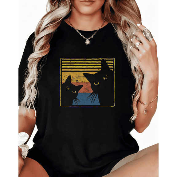 Retro Cat Print Tshirt Graphic Tees Shirts Black S-5XL Cute Kitty Casual Trendy Classic Tops