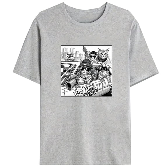 Cat Lovers T-Shirt,With Car Cat Graphic Print Tee for Women,Humorous design,Crew neck,Funny,cotton,gray,S-3XL