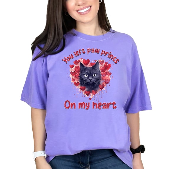 Cat Lovers T-Shirt, You Left Prints of Paw On My Heart, Adorable Cat Heart Design, Cute Cat Themed Gift, Emotional Cat Tribute Tee, Violet Comfort Colors T-Shirt, Large