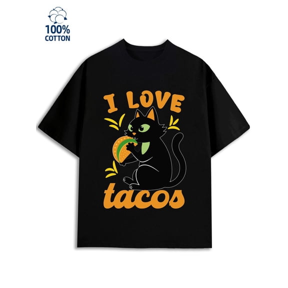 Cat Loves Tacos men's 180G 100% Cotton black Trendy Unisex Shirt Printed tshirts Funny Unisex Shirt Short Sleeve tshirts Fashion Unisex Shirt Short Sleeve tshirts Retro Unisex Shirt Printed tshirts