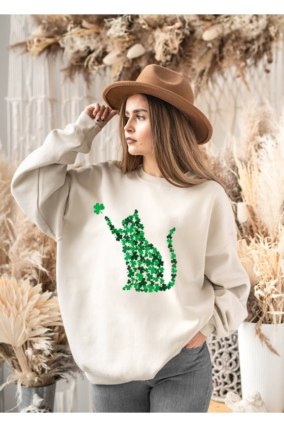 Cat Lucky Shamrock Sweatshirt,St Patrick's Day Sweatshirt,Four Leaf Clover Cat Sweatshirt,Cat Patrick's Day Sweatshirt,Gift Sweatshirt TSHIRT All Size S-5XL