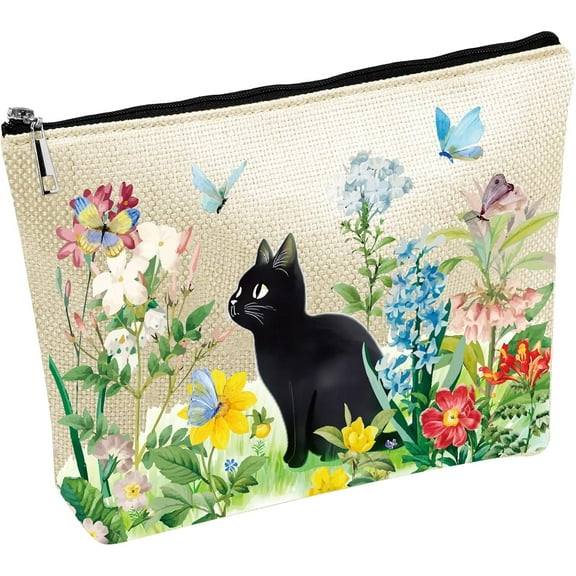 Cat Makeup Bags Canvas Cosmetic Bag Multi Purpose Case Zipper Pouches Flower Plant Toiletry Travel Storage Bag Purse Portable Storage Organizer