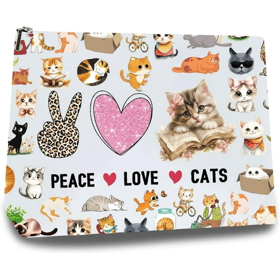 Cat Makeup Bags for Purse Multi-Function Cosmetic Bag Zipper Toiletry Travel Washing Bag Make Up Organizer Tool Pouch Large Storage Bags for Women Cat Lover Gifts 10x7Inch-Peace Love Cats Mixed Color
