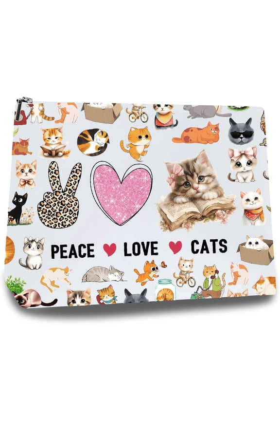 Cat Makeup Bags for Purse Multi-Function Cosmetic Bag Zipper Toiletry Travel Washing Bag Make Up Organizer Tool Pouch Large Storage Bags for Women Cat Lover Gifts 10x7Inch-Peace Love Cats Mixed Color