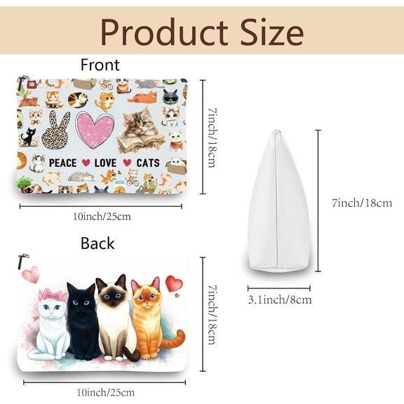 Cat Makeup Bags for Purse Multi-Function Cosmetic Bag Zipper Toiletry Travel Washing Bag Make Up Organizer Tool Pouch Large Storage Bags for Women Cat Lover Gifts 10x7Inch-Peace Love Cats