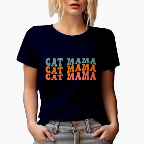 Cat Mama, Cat Lover or Owner Moms Themed, Groovy Retro Wavy Text Merch Gift, Navy Blue T-Shirt, Large