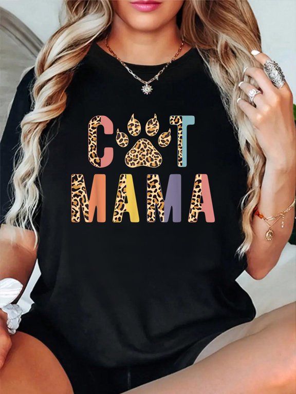Cat Mama Mother's Day Kitty Kitten Lovers Women Cute Leopard T-Shirt casual short sleeve crew neck cotton tee tops for women