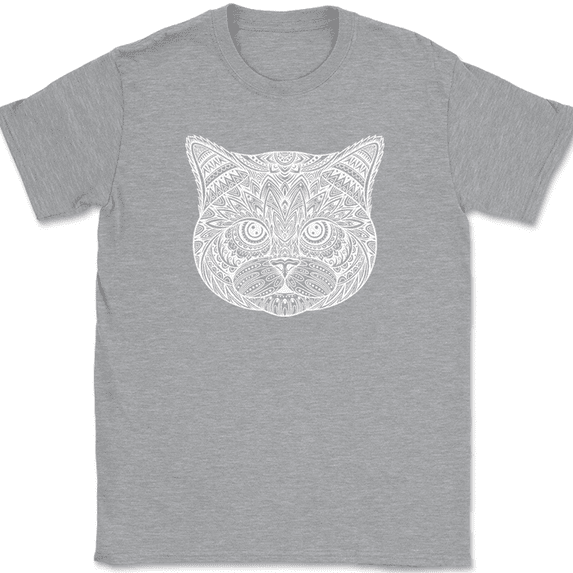 Cat Mandala T-Shirt Trippy Pattern Kitten Feline Animal Funny Humor Gift Tee - Heather Grey, S