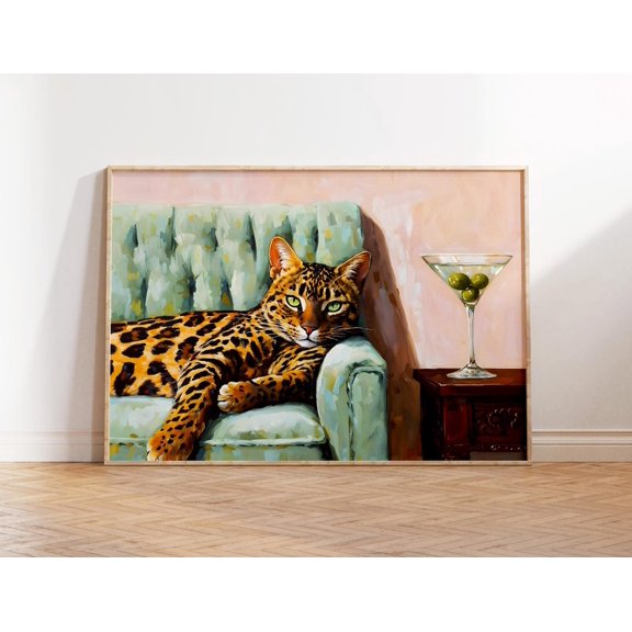Cat Martini Cocktail Art Leopard Decor