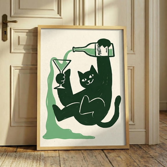 Cat Martini Print, Bar Cart Wall Decor, Minimalist Animal Poster, Retro Cocktail Art, Green Feline Canvas, Quirky Kitchen Poster , Poster Print Only