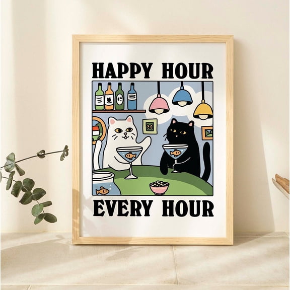 Cat Martini Print, Happy Hour Poster, Hostess Gifts, Martini Print, Cocktail Print, Bar Kitchen Dining Decor, Cosy Eclectic Print, Poster Only