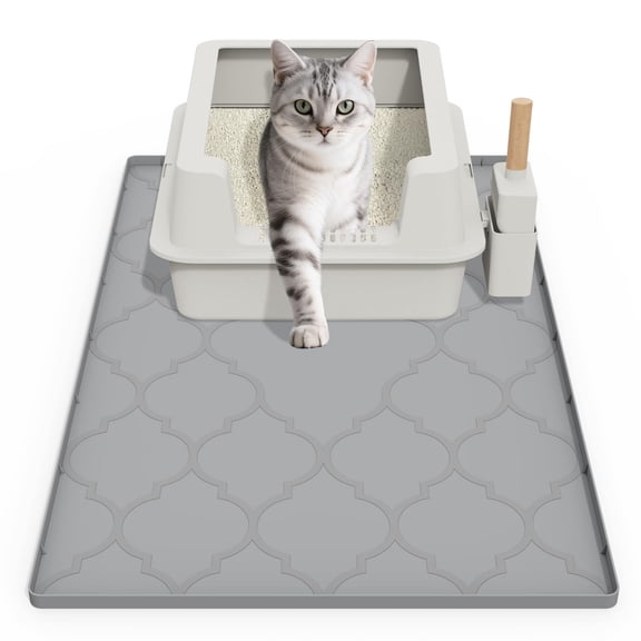Cat Mat for Litter Box, 34" X 22" Large Silicone Cat Litter Trapping Mat, Easy Clean for Scatter Control, Soft on Kitty Paws, Waterproof, Urine-Proof, Non-Slip Kitty Litter Mat for Floor, Gray