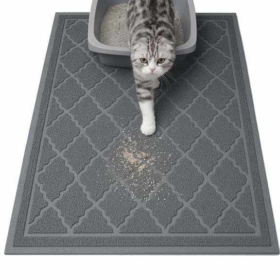 Cat Litter Mat, 24" x 17" Non-Slip Waterproof Litter Trapping Mat, Soft on Kitty's Paws, Grey