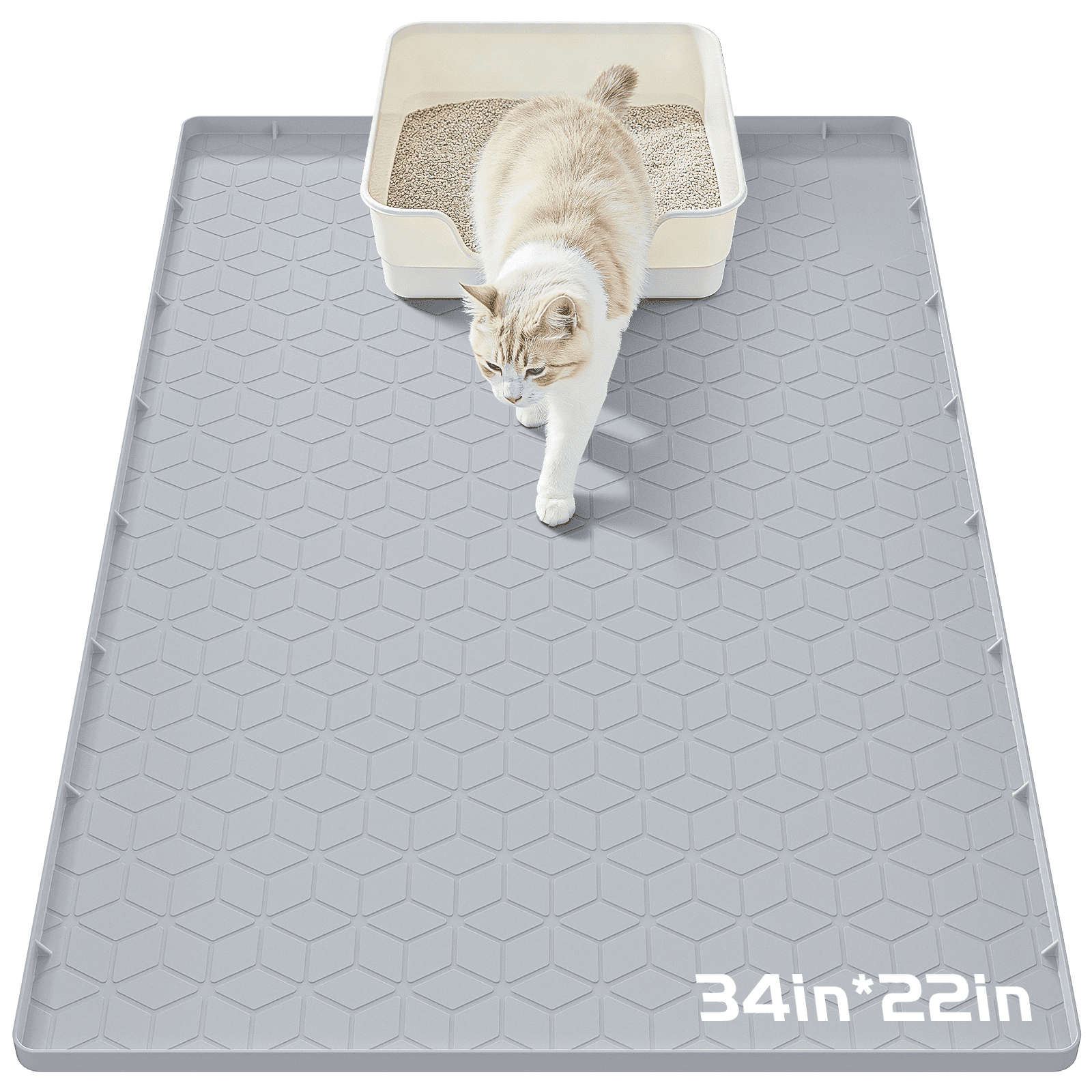 Cshidworld Cat Litter Box Mat, Large 34" X 22" Silicone Cat Mat for Litter Box, Waterproof & Non-Slip Pad for Floor, Easy to Clean Kitty Litter Pads for Indoor Cats, Gray