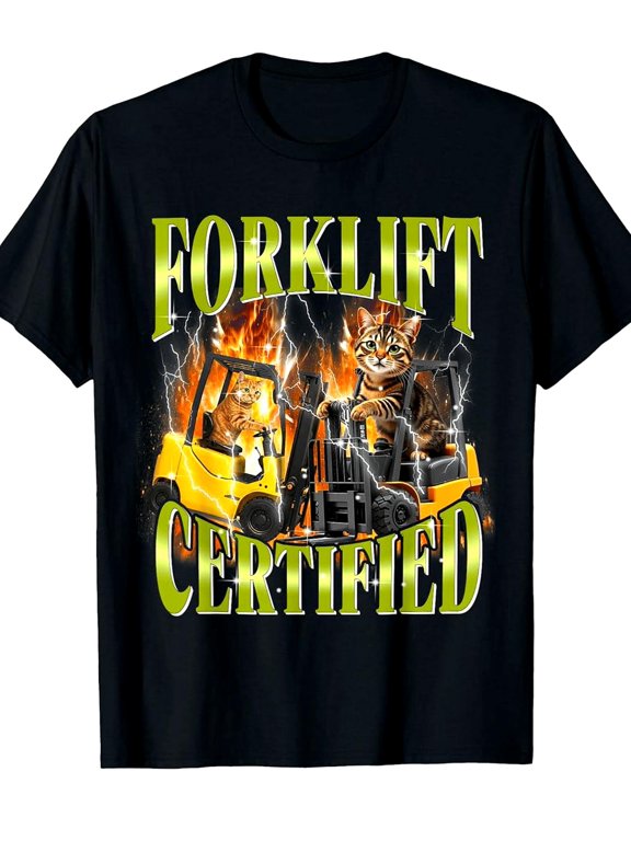 Cat Meme T-Shirt - 90S Nostalgia Forklift Operator Design with Forklift-Driving Cats, 100% Soft Crew Neck Tee for Men & Women (S-XXXL) - Funny Worker Gift, Forklift Driver Apparel