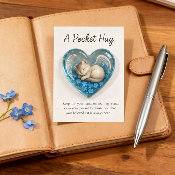 Cat Memorial Pocket Hug, Pocket Hug Cat Cards, Heart-Shaped Sleeping Cats Charm, Resin Keepsake Figurines Thoughtful Animal Emotional Support Gifts, for Grieving Cats Owners and CatLovers