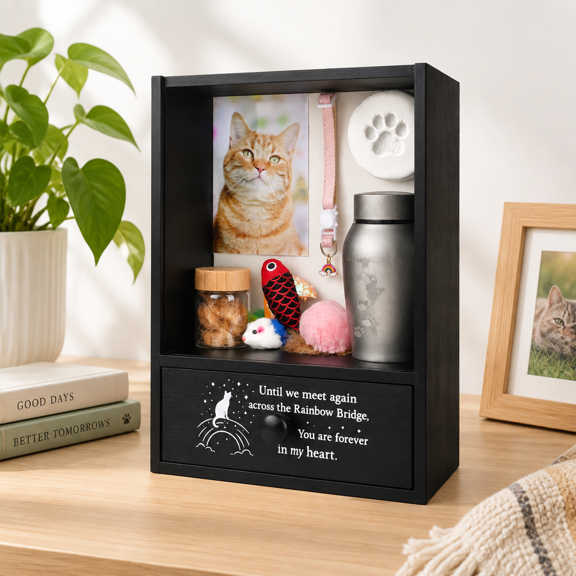 Cat Memorial Shadow Box Keepsake Display Case with Rainbow Bridge Drawer