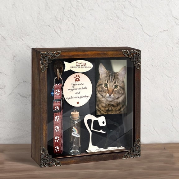 Cat Memorial Shadow Box with Collar Holder, Pet Loss Keepsake Frame, Custom Photo & Fur Jar, Cat Cremation Ashes Memory Box Gift