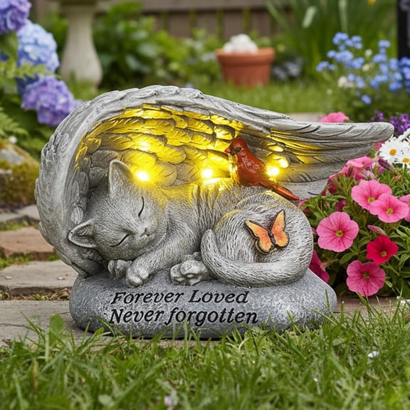 Cat Memorial Stones with Solar Angel Wing Cardinal Butterfly 8 Inch, Sleeping Cat Grave Markers Outdoor Waterproof Pet Loss Sympathy Gift for Garden or Tombstone Statue