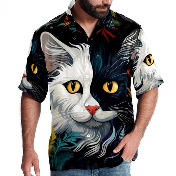 Cat Men's Casual Printed Button Down Short Sleeve Summer Beach Shirt, Unisex