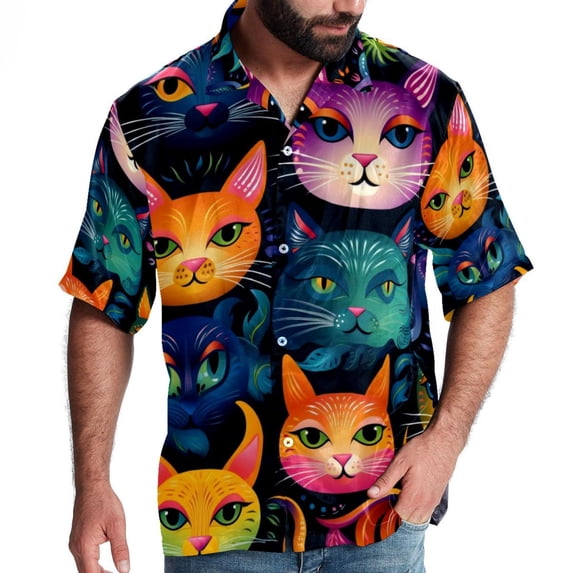Cat Men's Hawaiian Shirt, Short Sleeve Printed Button Down Beach Casual Tops, Summer Spread Collar Men's Shirts