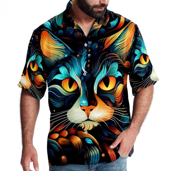 Cat Men's Printed Casual Button Down Short Sleeve Beach Shirts