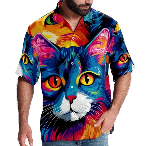Cat Men's Short Sleeve Beach Button Down Casual Printed Summer Shirts - Unisex