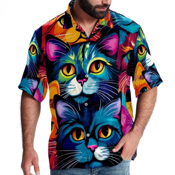 Cat Men's Short Sleeve Beach Button Down Casual Printed Summer Shirts - Unisex