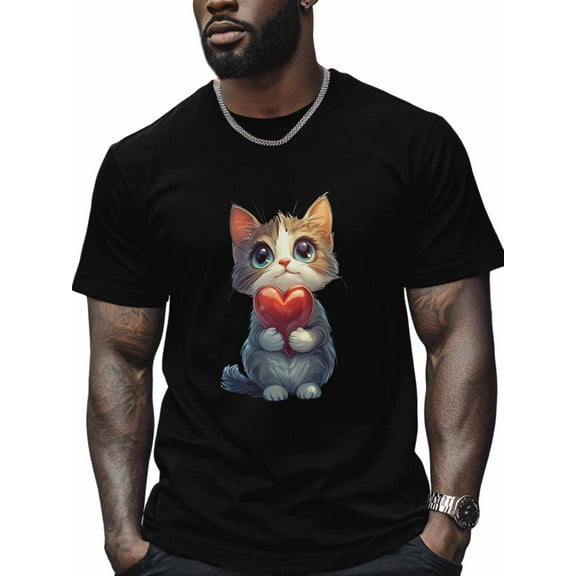 Cat Men's T Shirts Cat Holding Love T-Shirt for Men Crew Neck Tees Cotton Tops, Black, 2XL