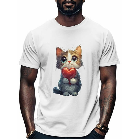 Cat Men's T Shirts Cat Holding Love T-Shirt for Men Crew Neck Tees Cotton Tops, White, S
