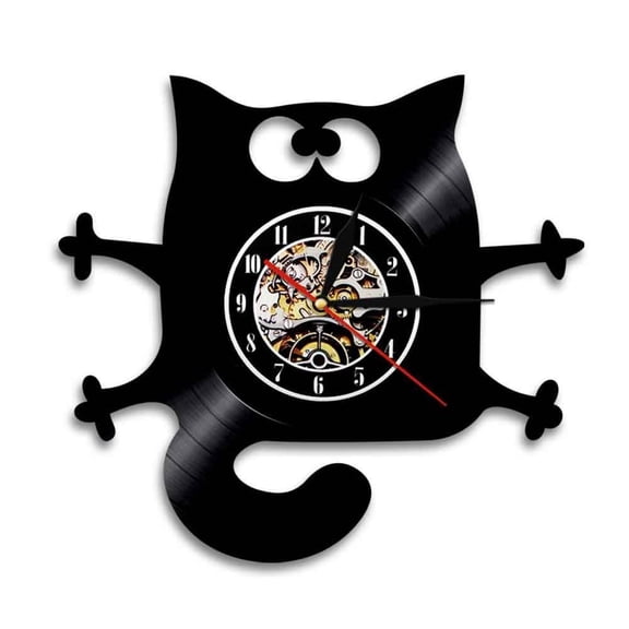 Cat Meow Wall Clock Funny Black Cat Home Decor Modern Vinyl Record Wall Clock Kitten Decorative Clock Kitty Cat Lovers Without LED