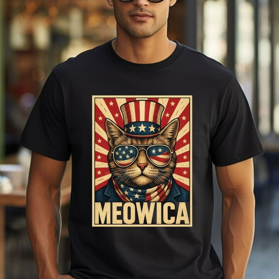 Cat Meowica 4th of July T-Shirt – Patriotic American Flag Cat Tee for Independence Day